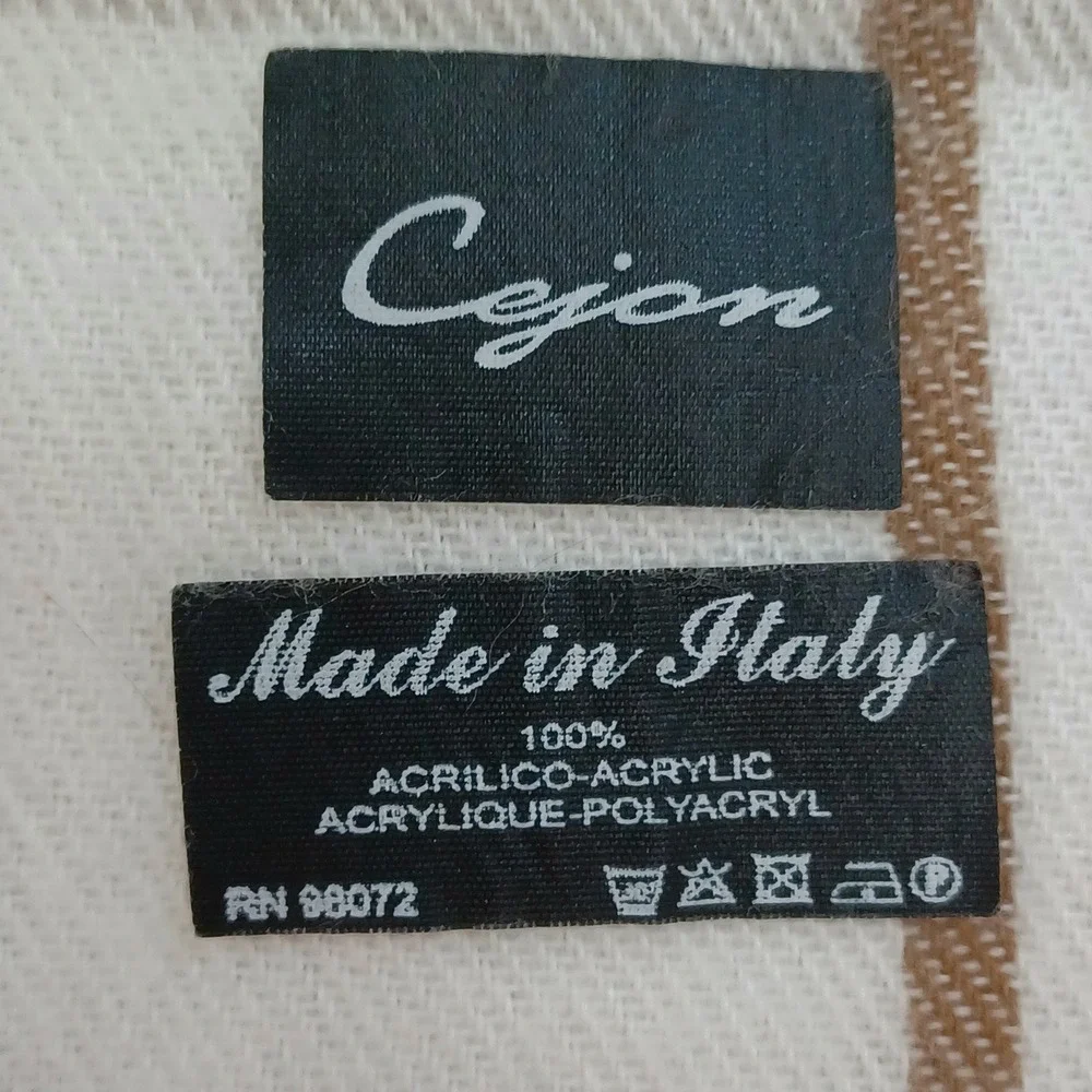 Cejon Made in Italy Plaid Scarf Cream Tan Grey‎ Windowpane Acrylic Fringe 62x11